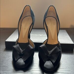 Black Satin Peep-Toe Heels
